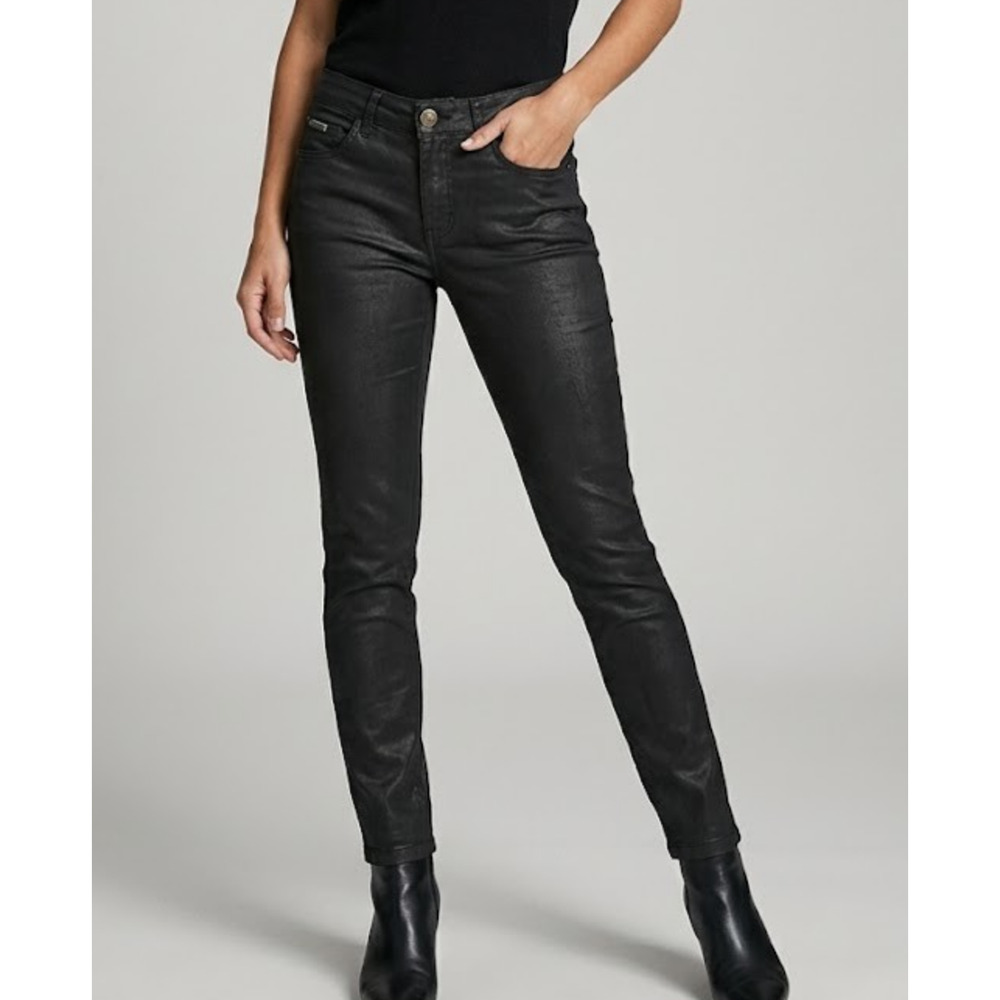 Beija Flor Audrey Coated Jeans Womens 6 Black Waxed Leather Look Mid Rise Skinny